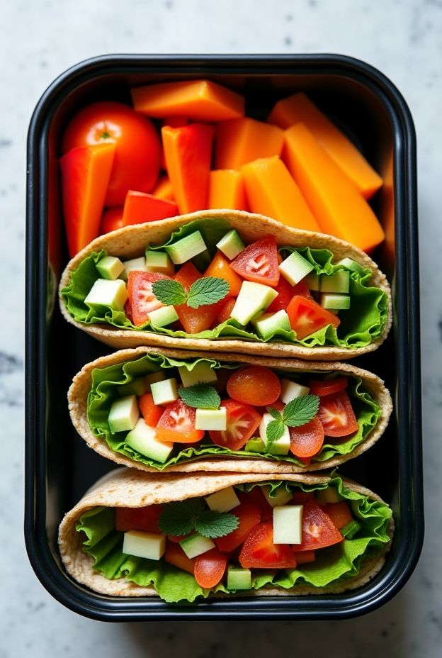 Healthy Hummus Veggie Wrap Boxes featuring fresh vegetables on whole grain tortillas with hummus.