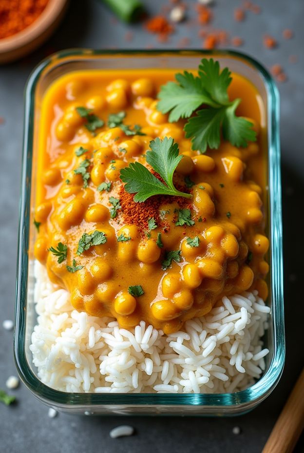 Delicious Instant Pot Lentil Dal served over fluffy rice with spices and garnished with fresh cilantro.