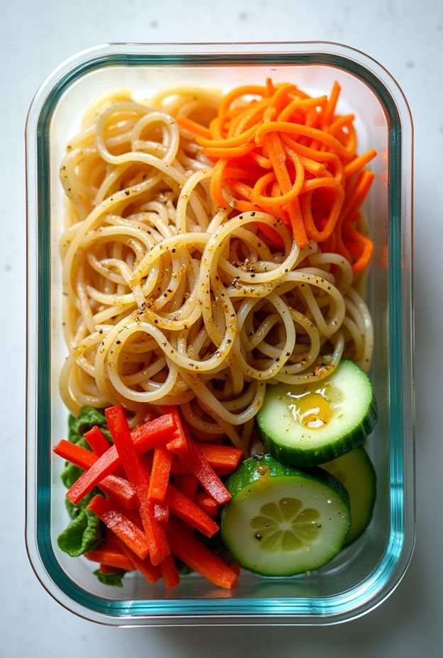 Kelp Noodle Asian Salad with julienned vegetables and sesame-ginger dressing, perfect for meal prep.