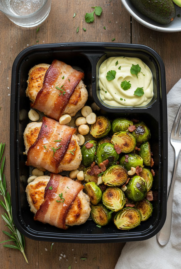 Keto bacon-wrapped chicken thighs with roasted Brussels sprouts in a meal prep container, perfect for low-carb diets.