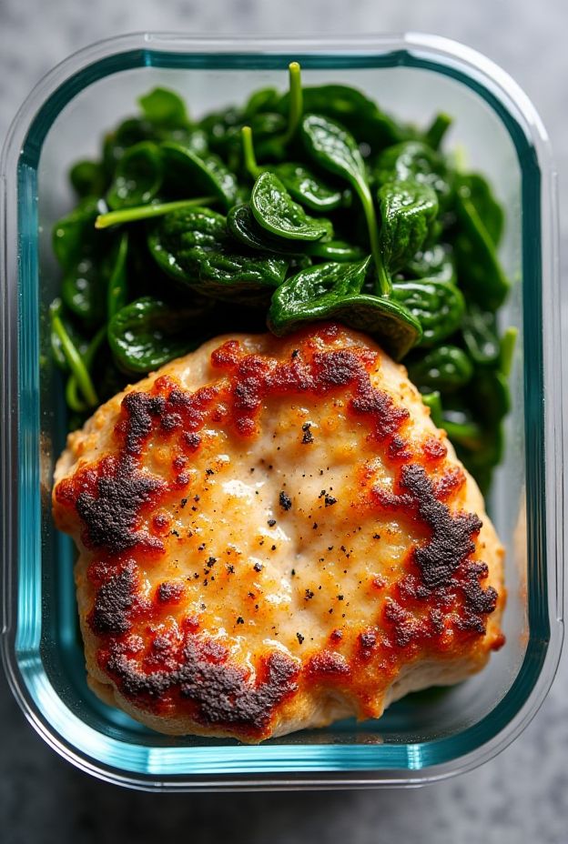 Keto Pork Chops paired with creamy spinach, perfect for a low-carb meal prep.