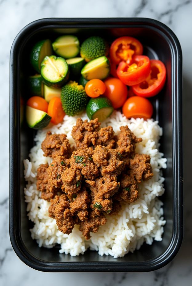 Healthy low-FODMAP turkey mince with rice and colorful vegetables in a meal prep container.