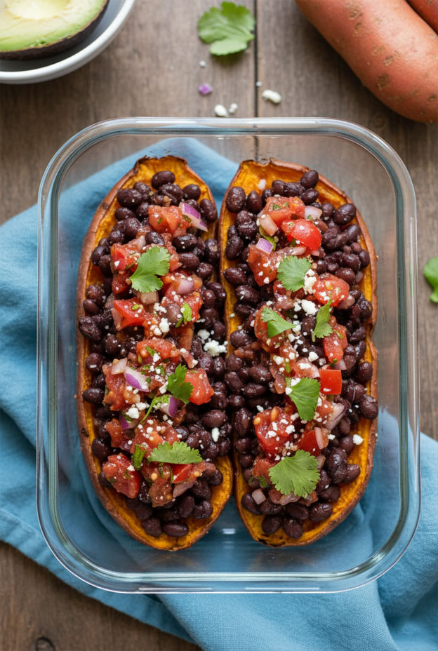 Nutritious microwaved sweet potato bowls topped with black beans, fresh salsa, and cilantro, perfect for quick meal prep.