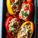 Healthy Paleo Turkey Stuffed Bell Peppers filled with ground turkey, tomatoes, and herbs for a nutritious meal.