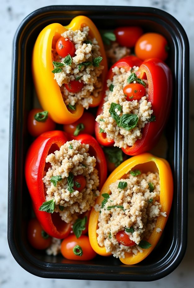 Healthy Paleo Turkey Stuffed Bell Peppers filled with ground turkey, tomatoes, and herbs for a nutritious meal.