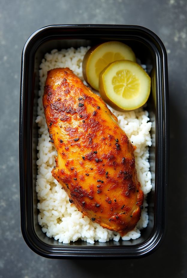 Pickle brine chicken marinated in pickle juice served on rice, garnished with lemon slices.