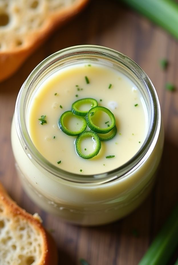 Creamy potato and leek soup in a jar, garnished with green onions and paired with crusty bread.