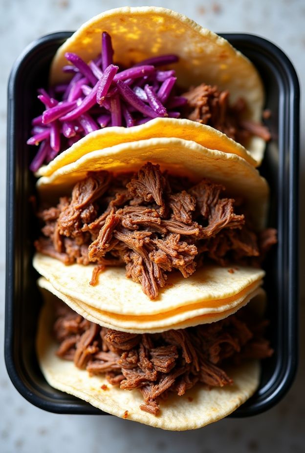 Pre-cooked shredded beef tacos with coleslaw mix, ideal for quick meals or gatherings, served in soft tortillas.