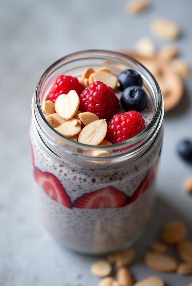 Protein-Packed Chia Pudding Parfaits layers with almond milk, chia seeds, protein powder, berries, and sliced almonds.