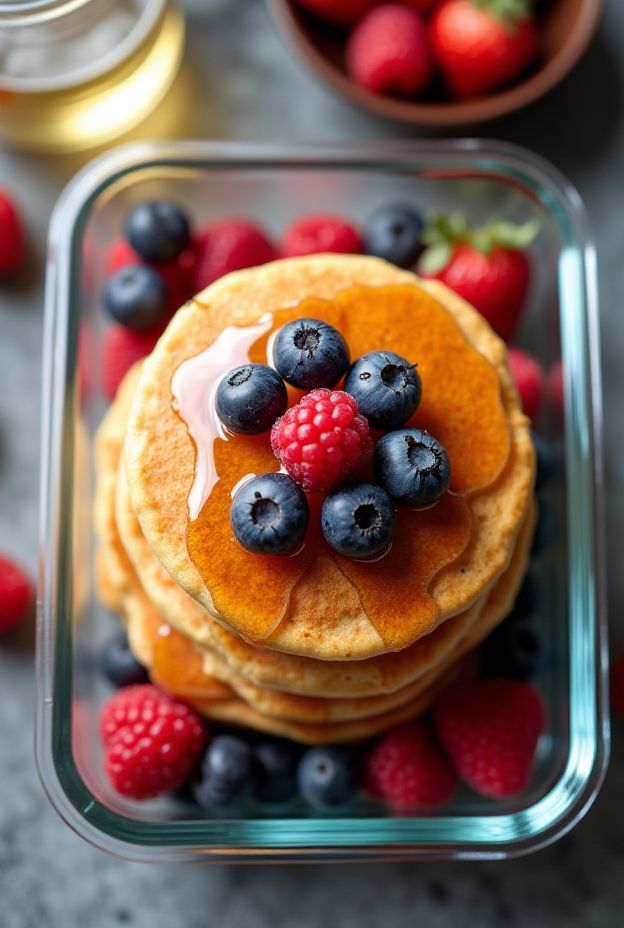 High-protein pancake recipe made with oats and egg whites, topped with fresh berries and syrup.
