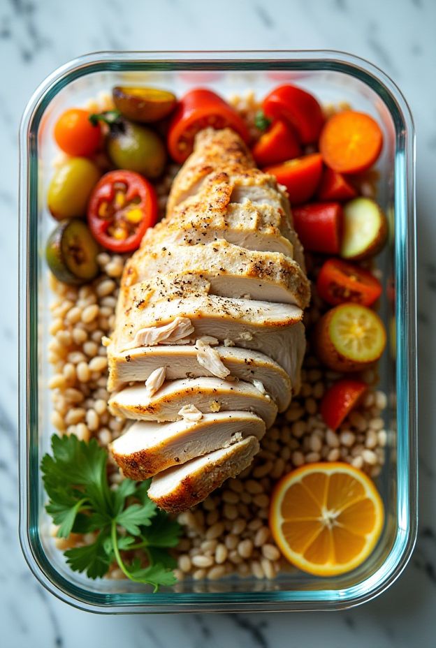 Healthy rotisserie chicken grain bowls with vegetables and quinoa for meal prep.