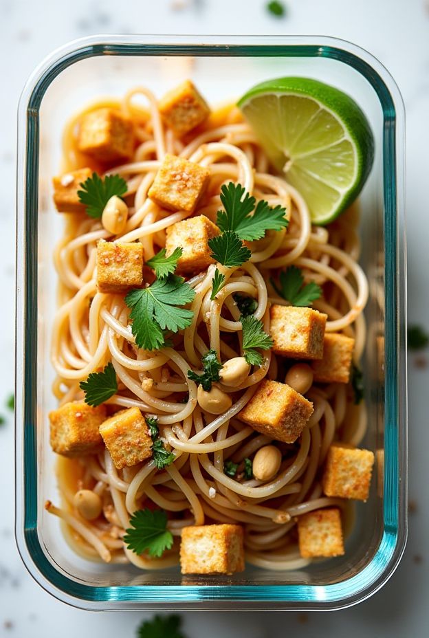 Low-calorie Shirataki Noodle Pad Thai with tofu, garnished with cilantro and lime.