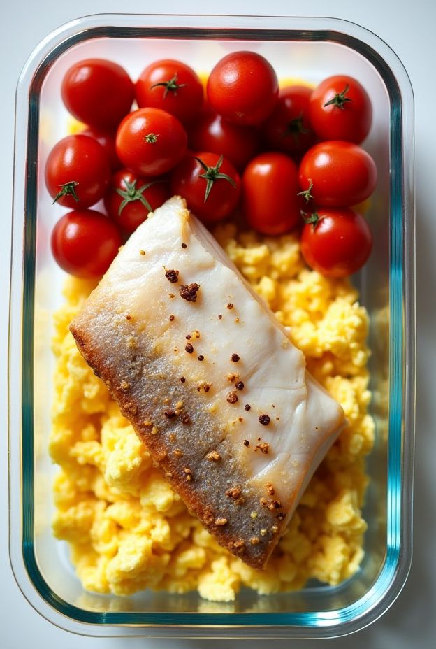 Smoked trout breakfast bowls featuring scrambled eggs and roasted cherry tomatoes for a healthy meal prep option.
