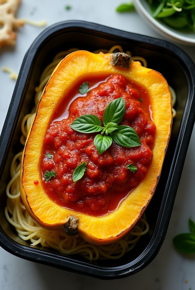 Spaghetti squash halves filled with marinara sauce and basil, showcasing a healthy Italian dish.