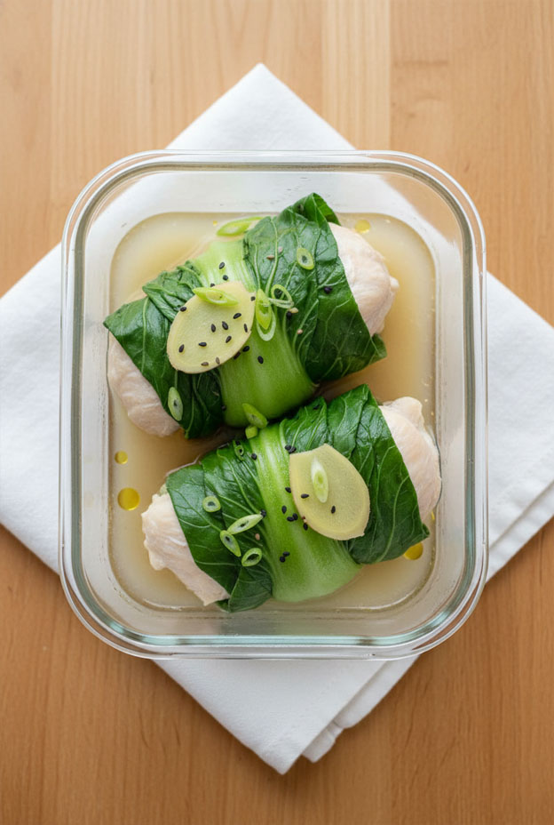 Healthy Steamed Bok Choy Chicken Parcels with ginger and garlic, a nutritious meal prep recipe.