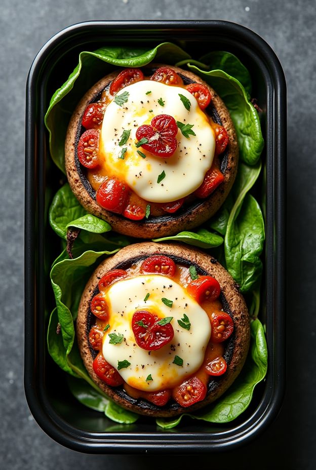 Stuffed Portobello mushrooms with spinach, sun-dried tomatoes, and mozzarella, garnished with herbs.