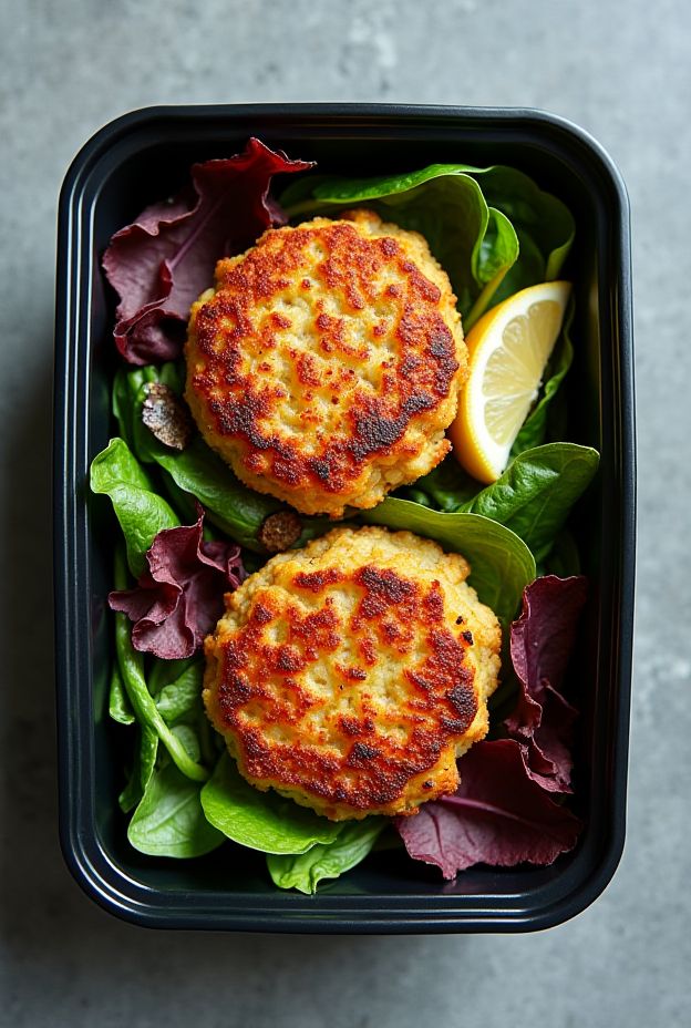 Pan-seared tuna cakes with chickpea flour on mixed greens, served in a meal prep box.