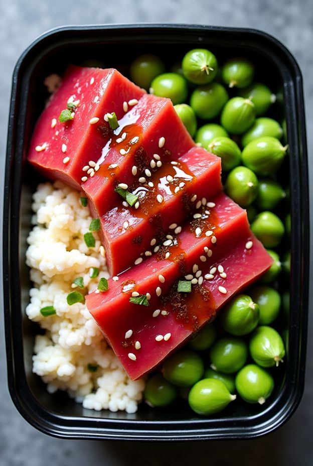 Fresh Tuna Poke Bowl with Cauliflower Rice and Edamame - a healthy low-carb meal option.