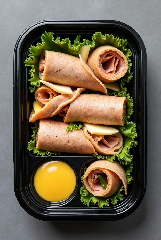Quick and nutritious turkey deli meat roll-up boxes with cheese, veggies, and mustard for meal prep.