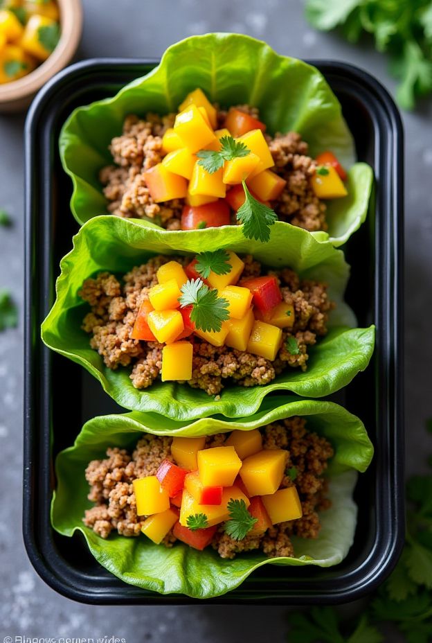 Healthy turkey lettuce tacos topped with mango salsa, packed in meal prep containers.