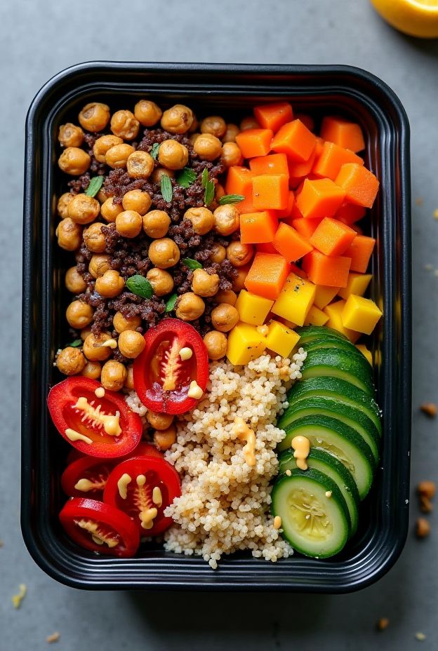 Colorful vegan Buddha bowl with tahini chickpeas, quinoa, and various roasted vegetables for a nutritious meal.
