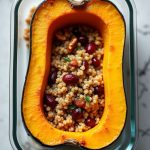 Vegan quinoa stuffed acorn squash with cranberries, walnuts, and flavorful herbs showcasing a nutritious meal prep option.