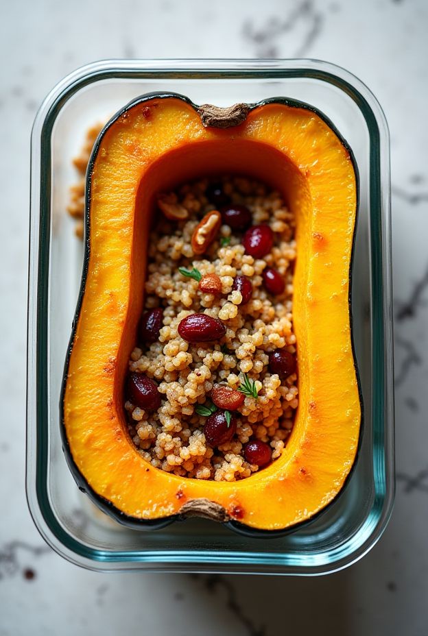 Vegan quinoa stuffed acorn squash with cranberries, walnuts, and flavorful herbs showcasing a nutritious meal prep option.