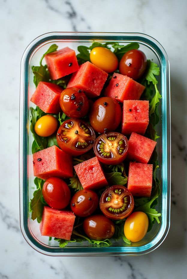A colorful watermelon tomato salad bowl with arugula and a drizzle of balsamic reduction.