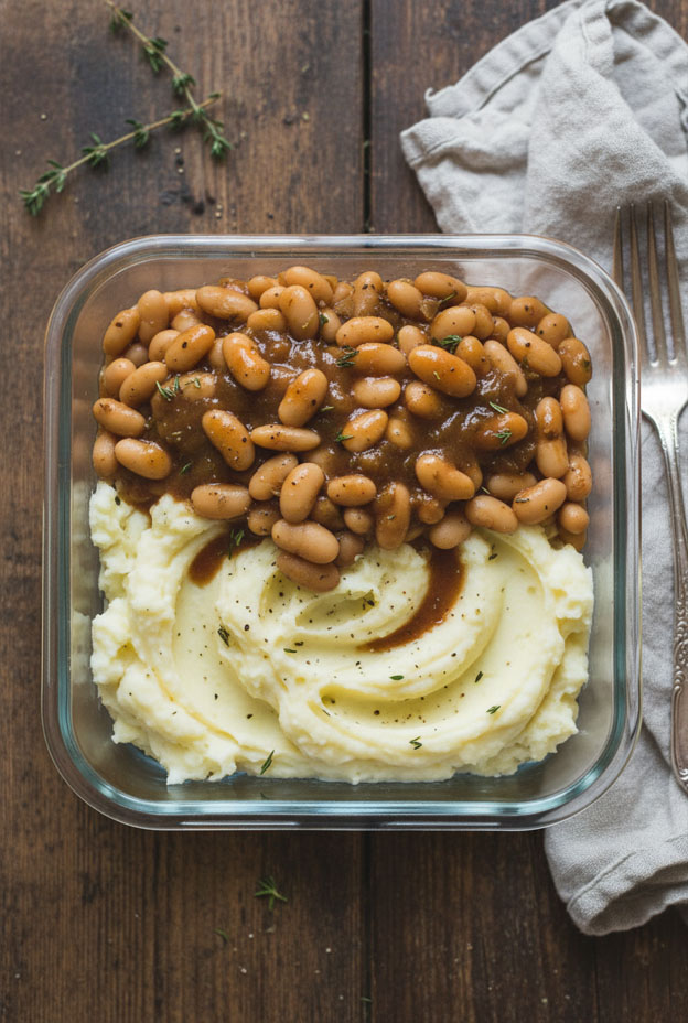 Creamy White Bean Mashed Potato Bowls with seasoned beans and gravy, perfect for meal prep and delicious meals.