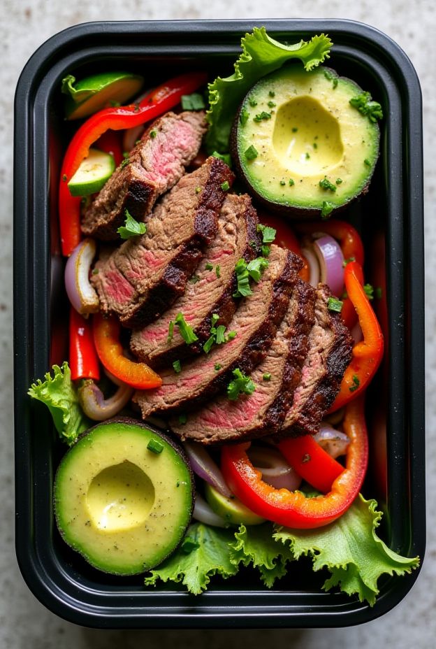 Meal prep containers filled with Whole30 compliant steak fajita bowls featuring steak, peppers, and guacamole.